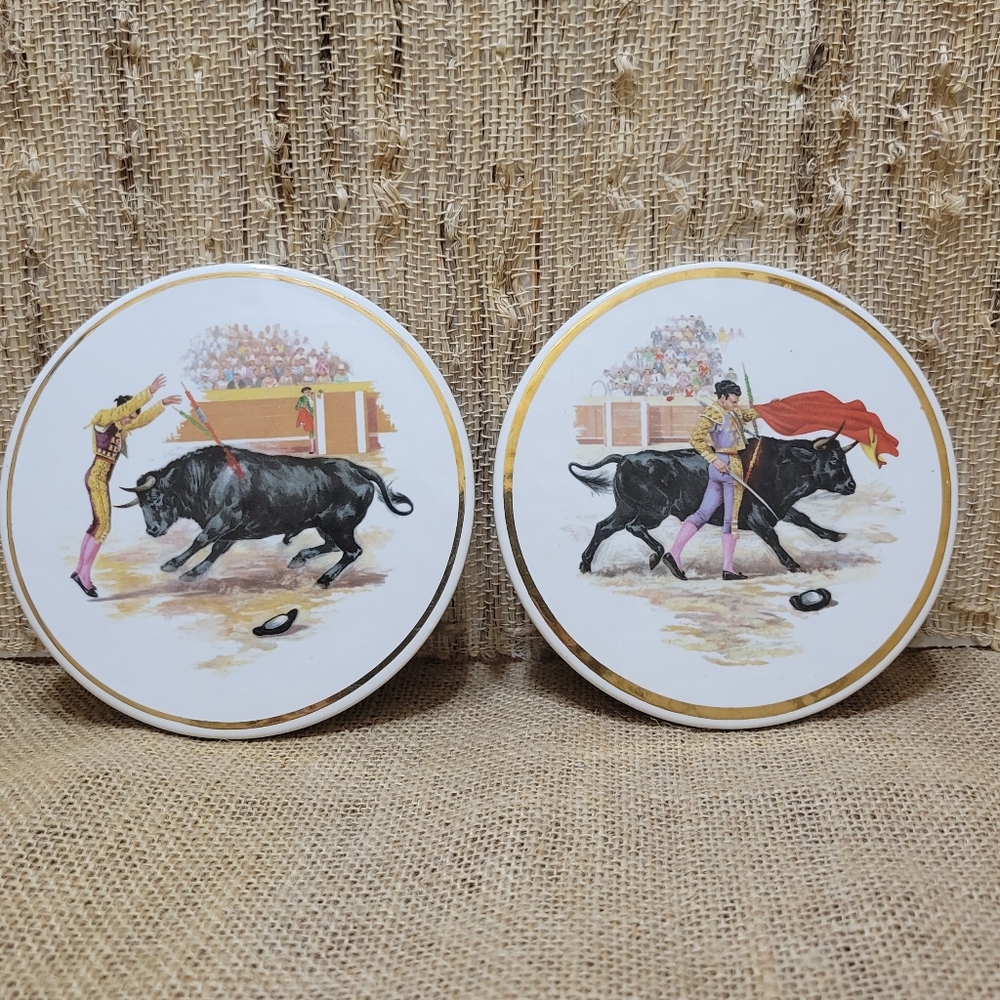 Set of Two Vintage Bull Fighter Matador And Bull Ceramic Tiles/Coasters